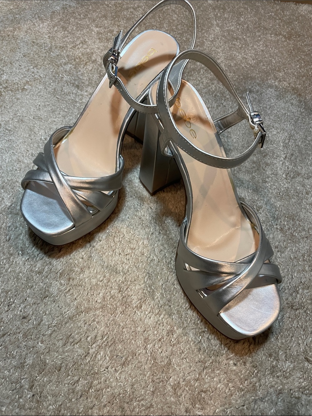 bebe Silver Metallic Platform Block Heel Sandals